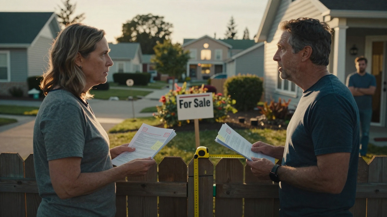 Zwei Nachbarn diskutieren mit Dokumenten vor einem Zaun, im Hintergrund ein Haus mit "For Sale"-Schild.