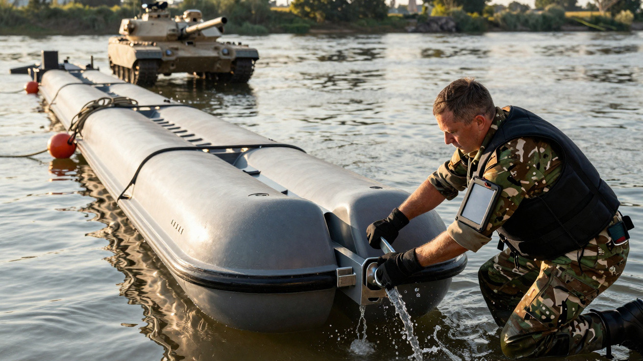 Soldat in Tarnuniform bedient schwimmende Pontons auf Wasser mit Panzer im Hintergrund.