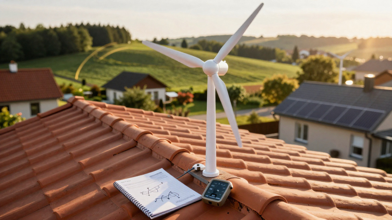 Dach mit kleinem Windrad, Solarzellen und Notizbuch mit Skizzen in sonniger ländlicher Umgebung.