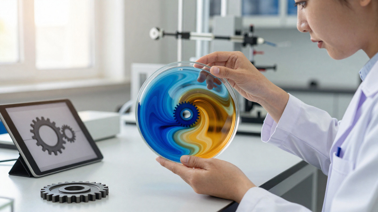 Wissenschaftlerin hält bunte Petri-Schale mit Zahnrädern, Tablet mit Zahnradsymbol auf Labortisch im Hintergrund.