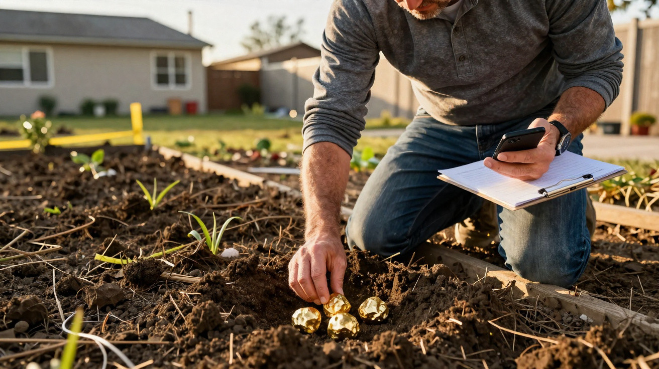 Mann kniet im Garten, legt goldene Kugeln in die Erde und hält Smartphone und Klemmbrett in der Hand.