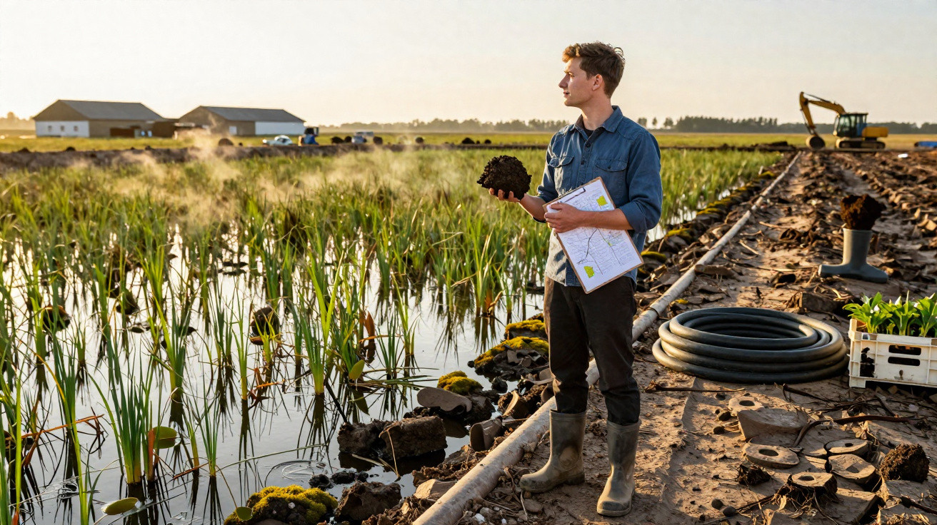 Mann mit Feldkarte und Bodenprobe steht im nassen Moorgebiet, landwirtschaftliche Gebäude und Bagger im Hintergrund.