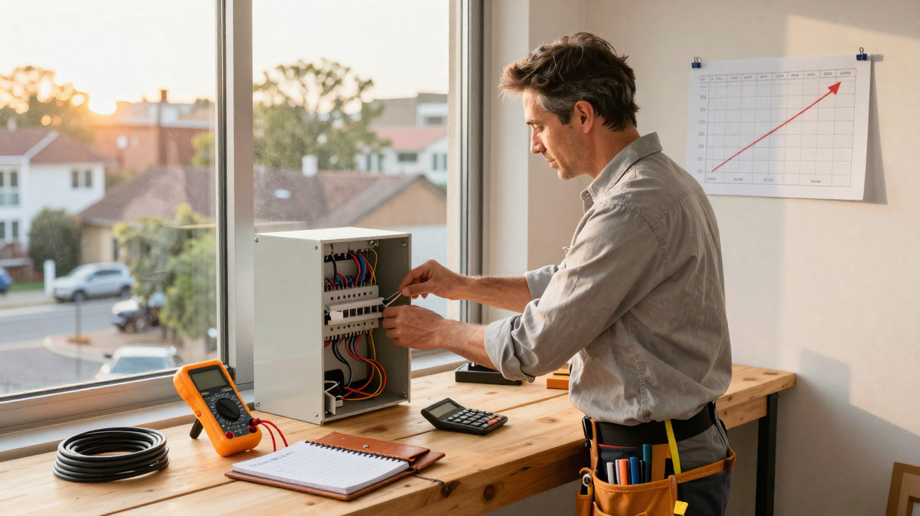 Elektriker arbeitet an Sicherungskasten auf Holztisch bei Tageslicht mit Tools und Diagramm an der Wand.