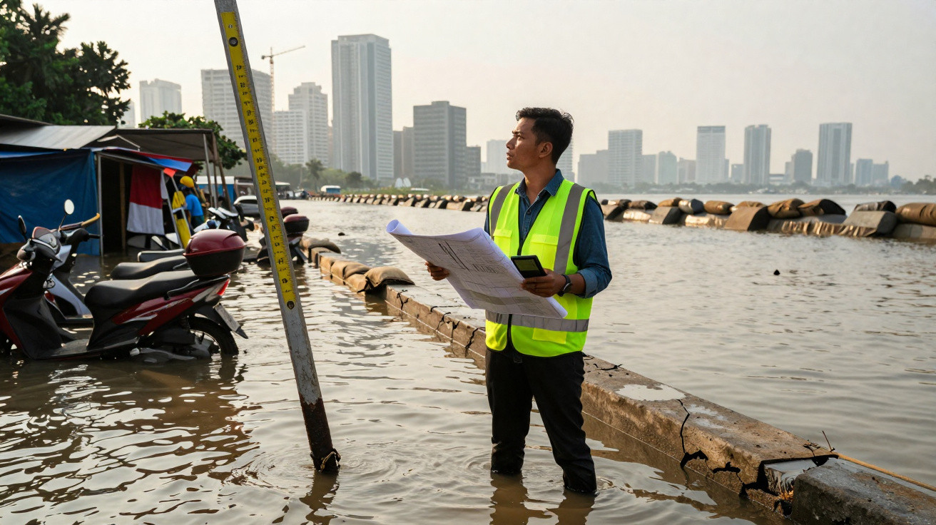 Ingenieur mit gelber Warnweste steht im Hochwasser, hält Pläne und misst den Wasserspiegel am überschwemmten Ufer.