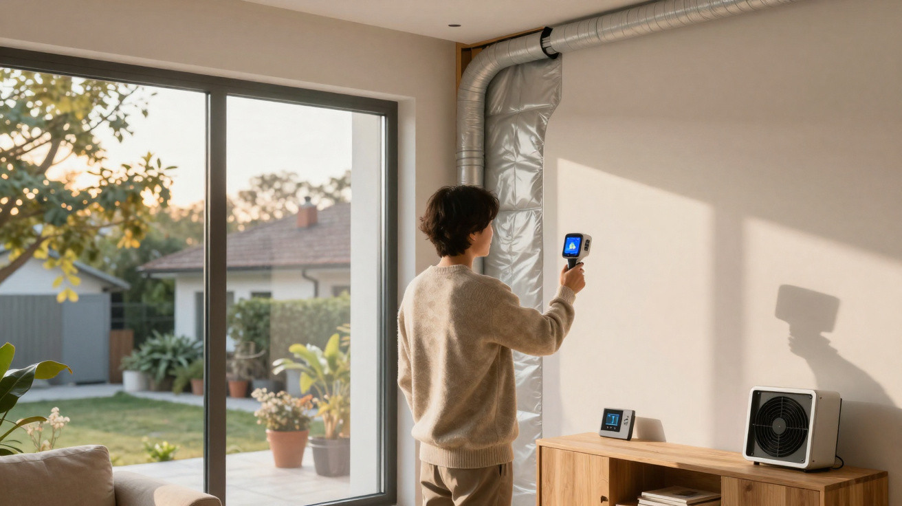 Mann misst Temperatur von Lüftungsschlauch mit einem digitalen Thermometer im Wohnzimmer mit Gartenblick.