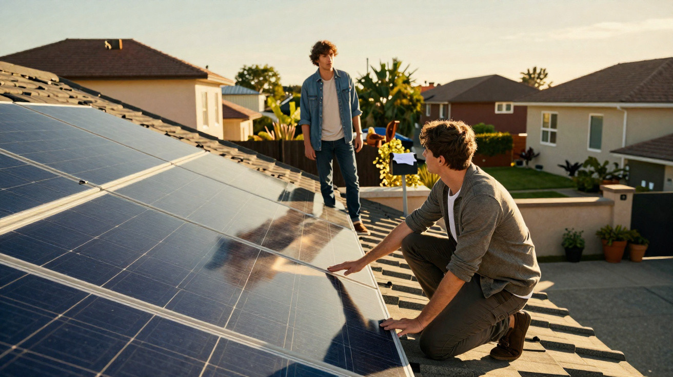 Zwei junge Männer überprüfen Solarpanels auf einem Hausdach in einem Wohngebiet bei Sonnenuntergang.