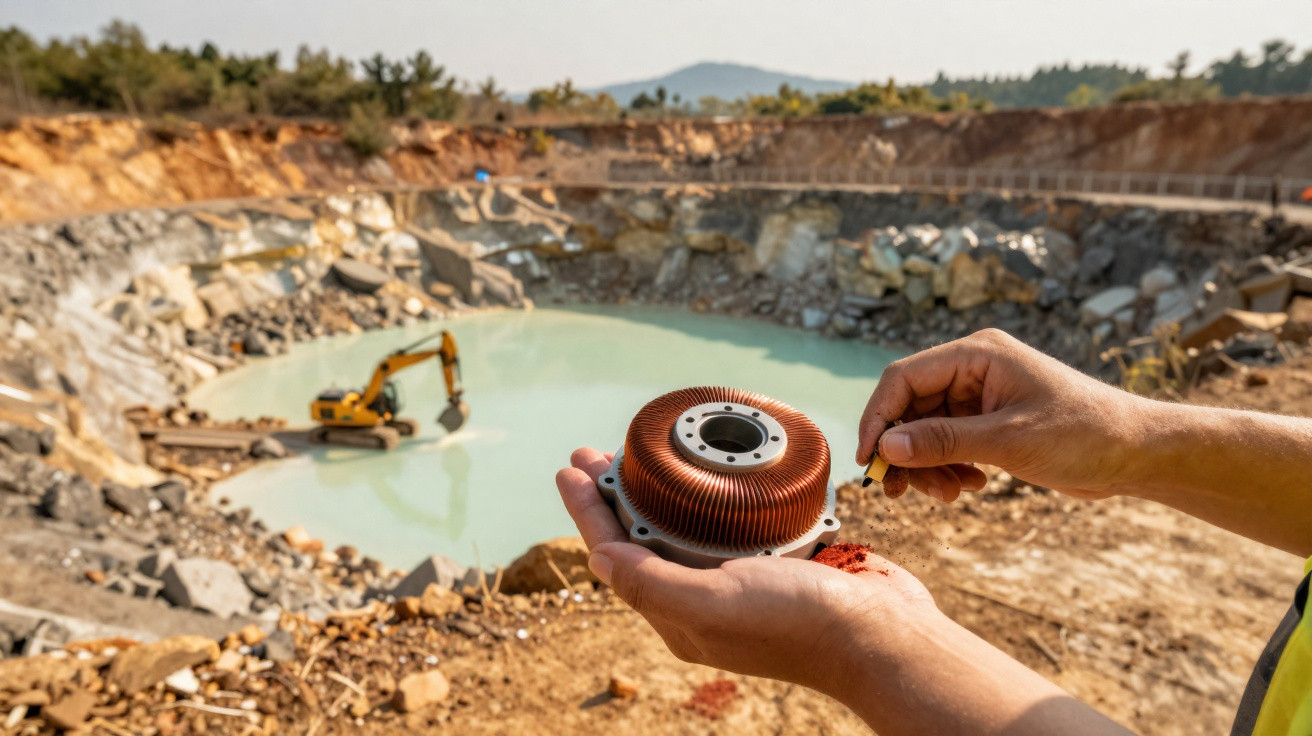 Person hält einen Kupferkühler vor einem Steinbruch mit Bagger und Wasserfüllung im Hintergrund.