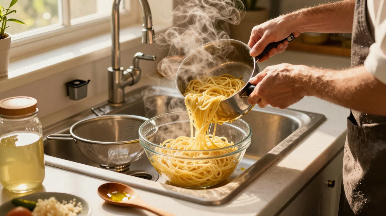 Dampfende Spaghetti werden in einer Küchenspüle aus einem Topf in eine Glasschüssel gegossen.