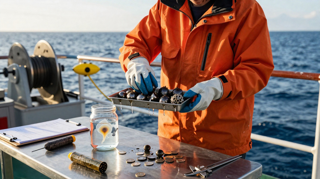 Forscher in orangener Jacke inspiziert Kugeln und Proben auf einem Schiff vor dem offenen Meer.