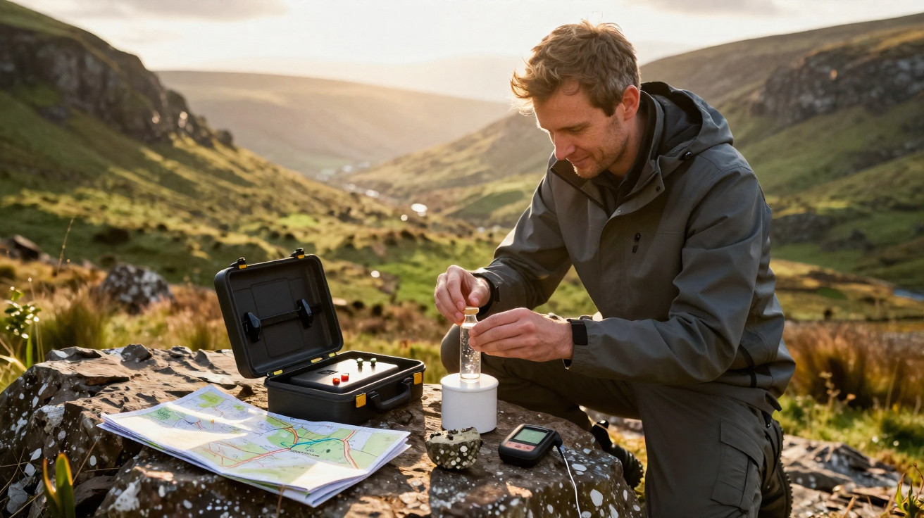 Mann in Outdoor-Bekleidung analysiert Wasserprobe auf felsigem Untergrund mit Karte und Messgerät im Tal.