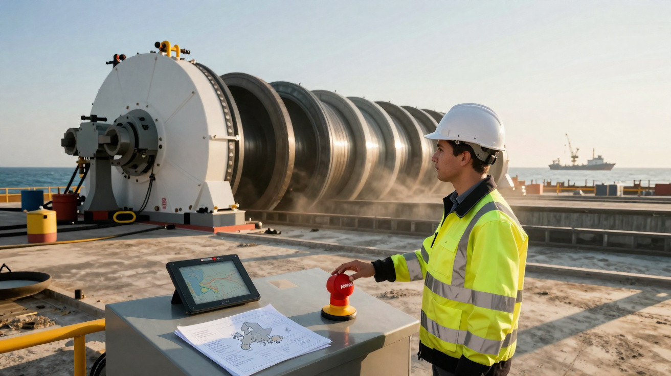 Ingenieur in Schutzhelm bedient Maschine an Küste mit Schiff im Hintergrund