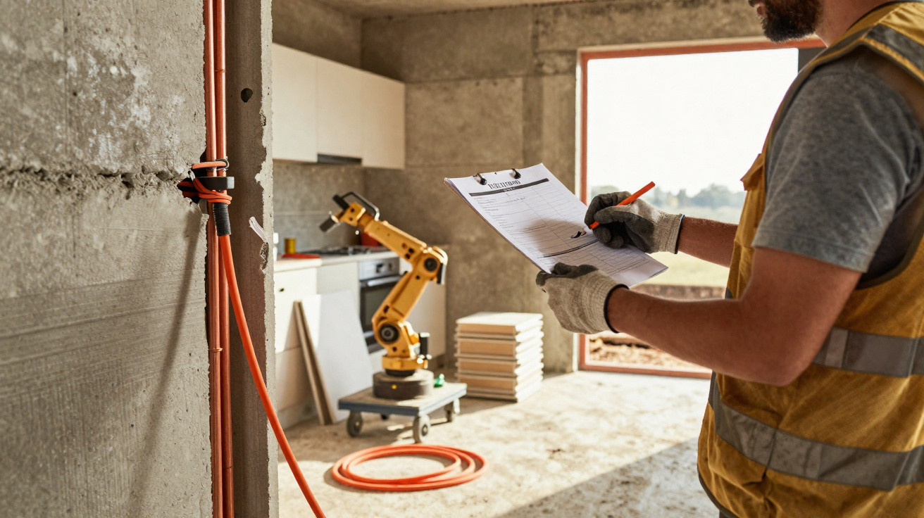 Bauarbeiter prüft Notizen auf Baustelle mit Industrieroboterarm und Baumaterialien im Hintergrund.