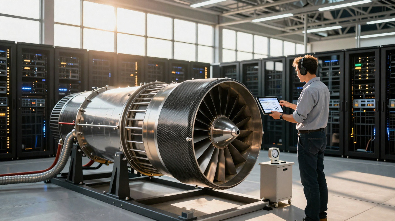 Ingenieur mit Kopfhörer prüft großen modernen Triebwerksprototyp in Labor mit Servern im Hintergrund.