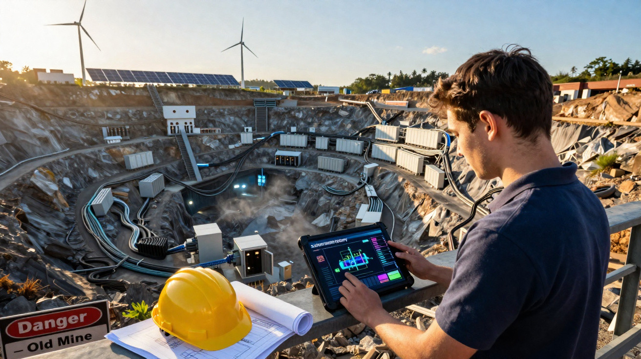 Mann steuert Bergwerk mit Tablet, Solarpanels und Windräder im Hintergrund bei Sonnenuntergang.