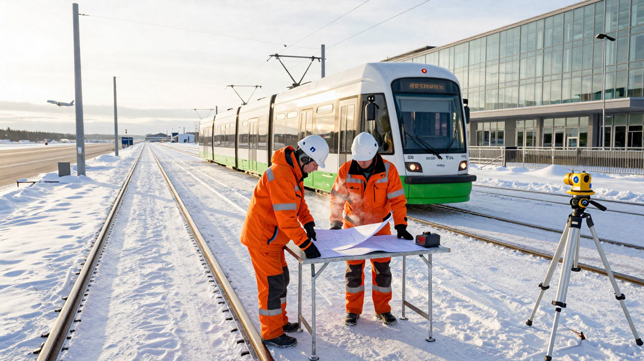 Zwei Bauarbeiter in orangen Arbeitsanzügen prüfen Pläne auf einem Tisch vor einer Straßenbahn auf verschneiten Gleisen.