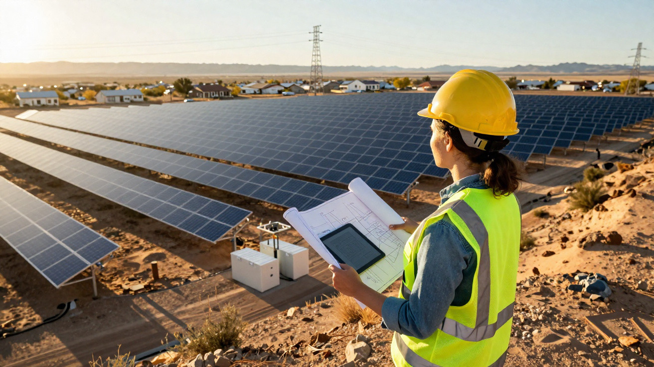 Frau mit Schutzhelm und Warnweste prüft Pläne vor großem Solarfeld in sonniger Wüstenlandschaft.