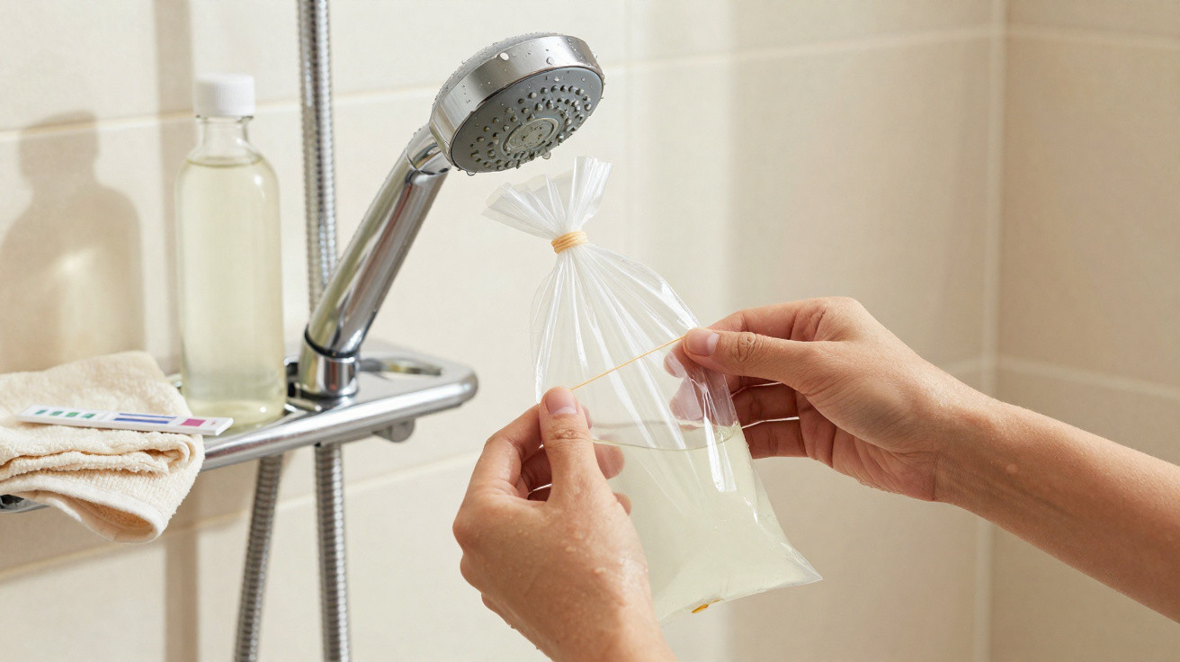 Hände befestigen einen Plastikbeutel mit Flüssigkeit an einer Duschbrause im Badezimmer.