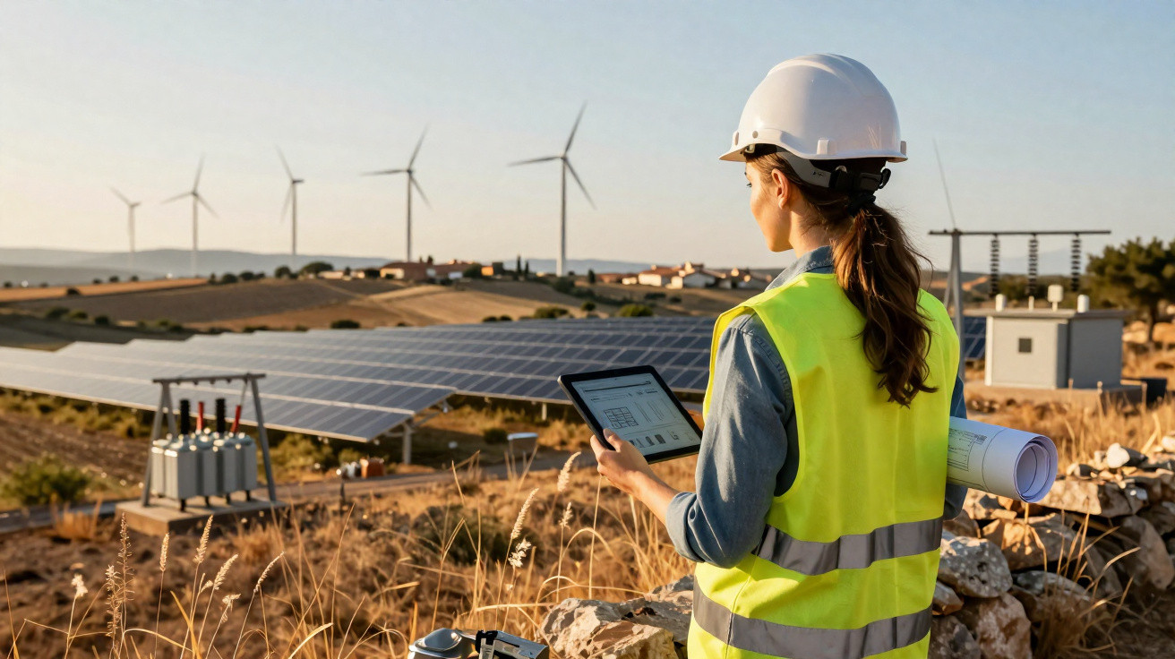 Frau mit Schutzhelm und Warnweste überprüft Solarpanels und Windräder im Freien mit Tablet und Bauplan.