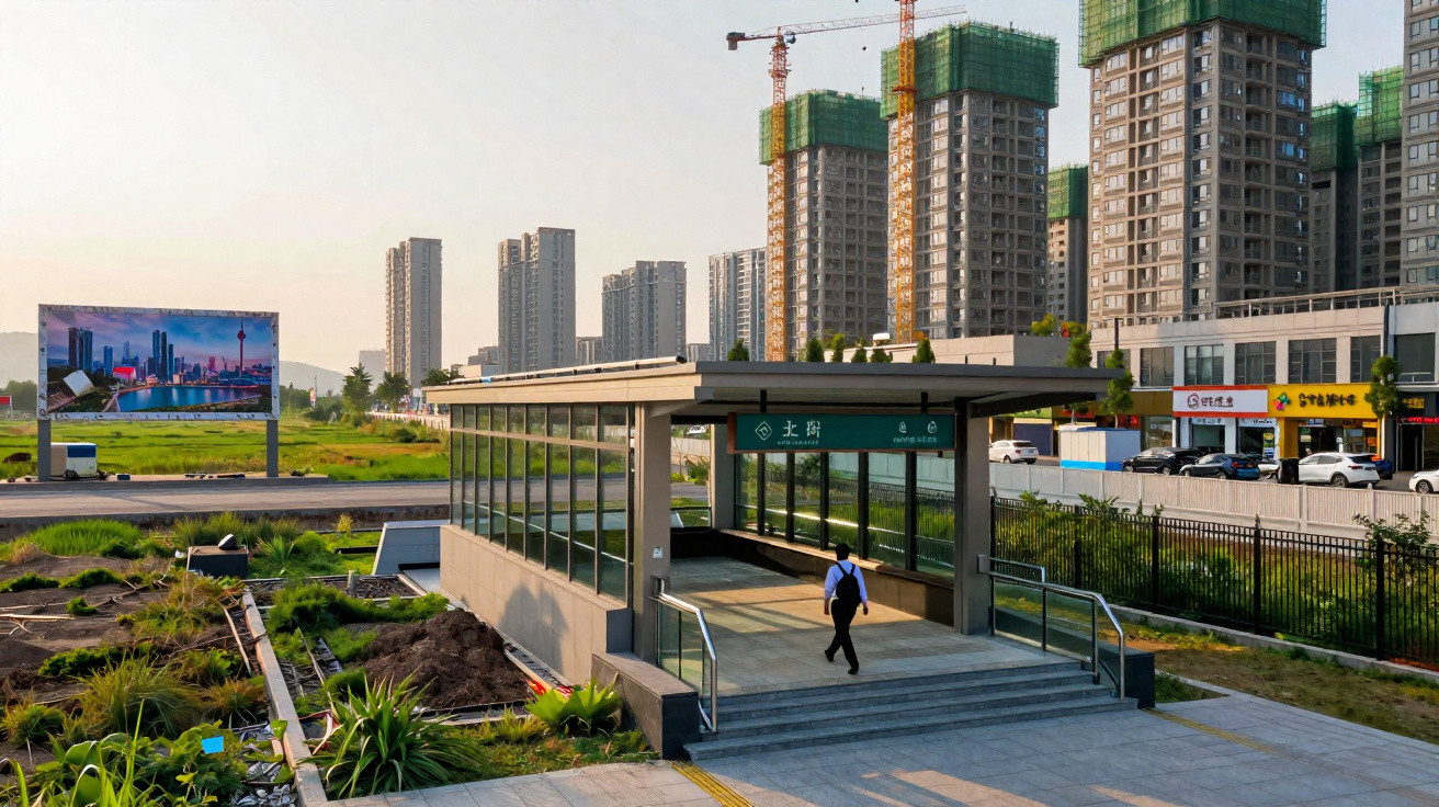 Eingang zu einer U-Bahn-Station in einer modernen Stadt mit Hochhäusern und Baustellen im Hintergrund.