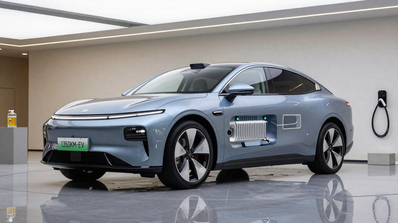 Elektroauto in modernem Showroom mit transparentem Seitenteil, das den Batterie- und Motorbereich zeigt.