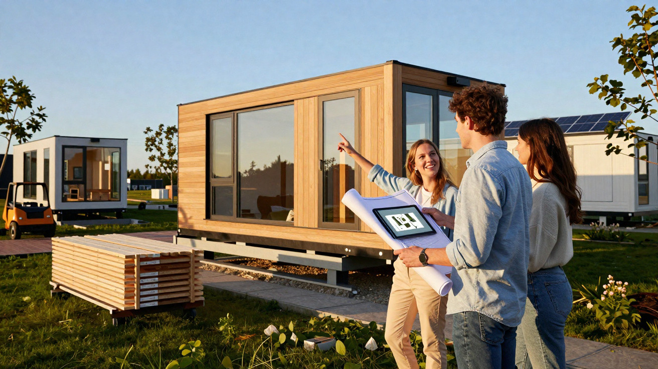 Drei Personen besprechen ein modernes Minihaus aus Holz auf einem sonnigen Ausstellungsgelände.