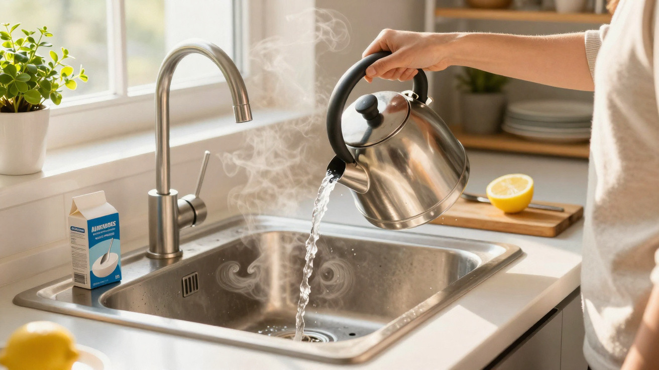 Dampfender Wasserkocher wird über Spüle im hellen Küchenfenster ausgegossen.
