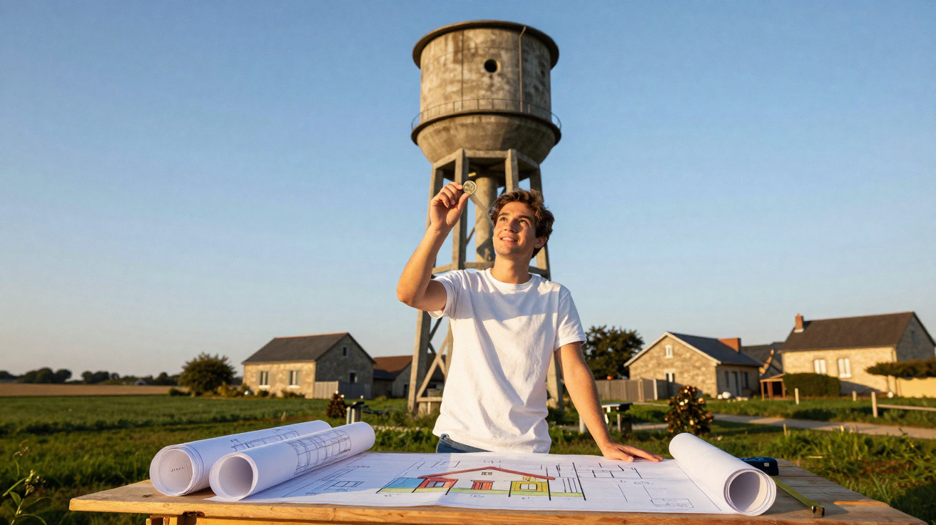 Junger Mann in weißem T-Shirt betrachtet Pläne auf Tisch vor altem Wasserturm und Häusern im Hintergrund.