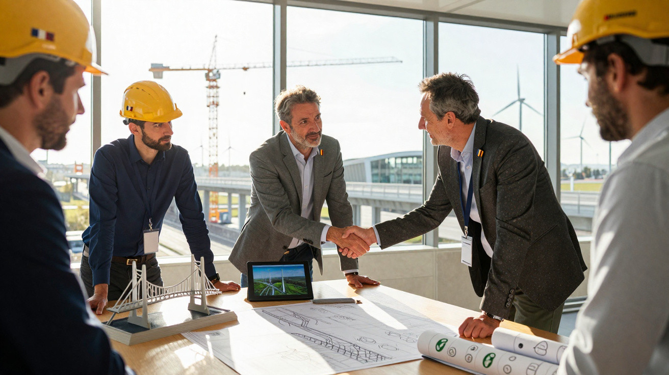 Architekten und Ingenieure besprechen Brückenbaupläne in Besprechungsraum mit Bauhelmen und Modellen.