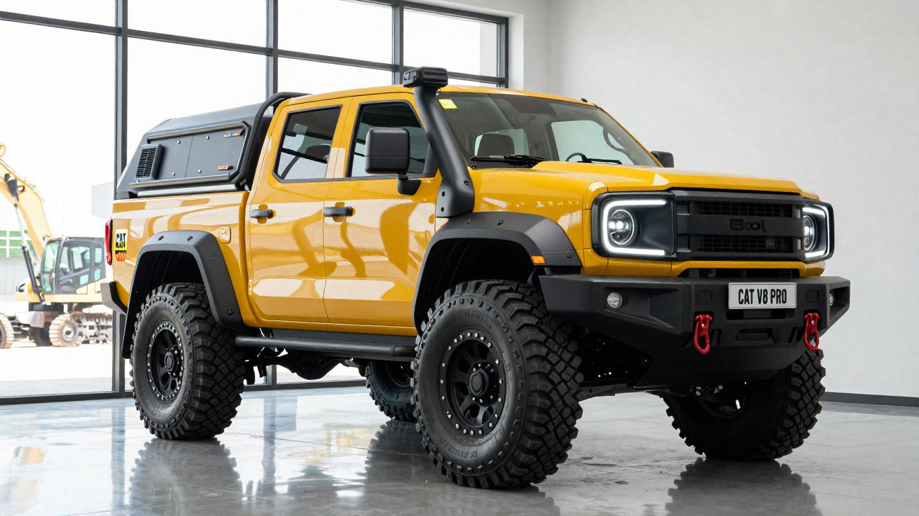 Gelber robuster Geländewagen mit großen Offroad-Reifen und schwarzer Ladefläche in modernem Showroom.