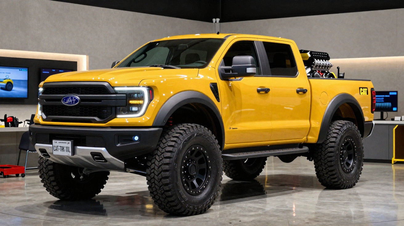 Gelber geländegängiger Ford Pickup mit großen Reifen in einer modernen Halle.