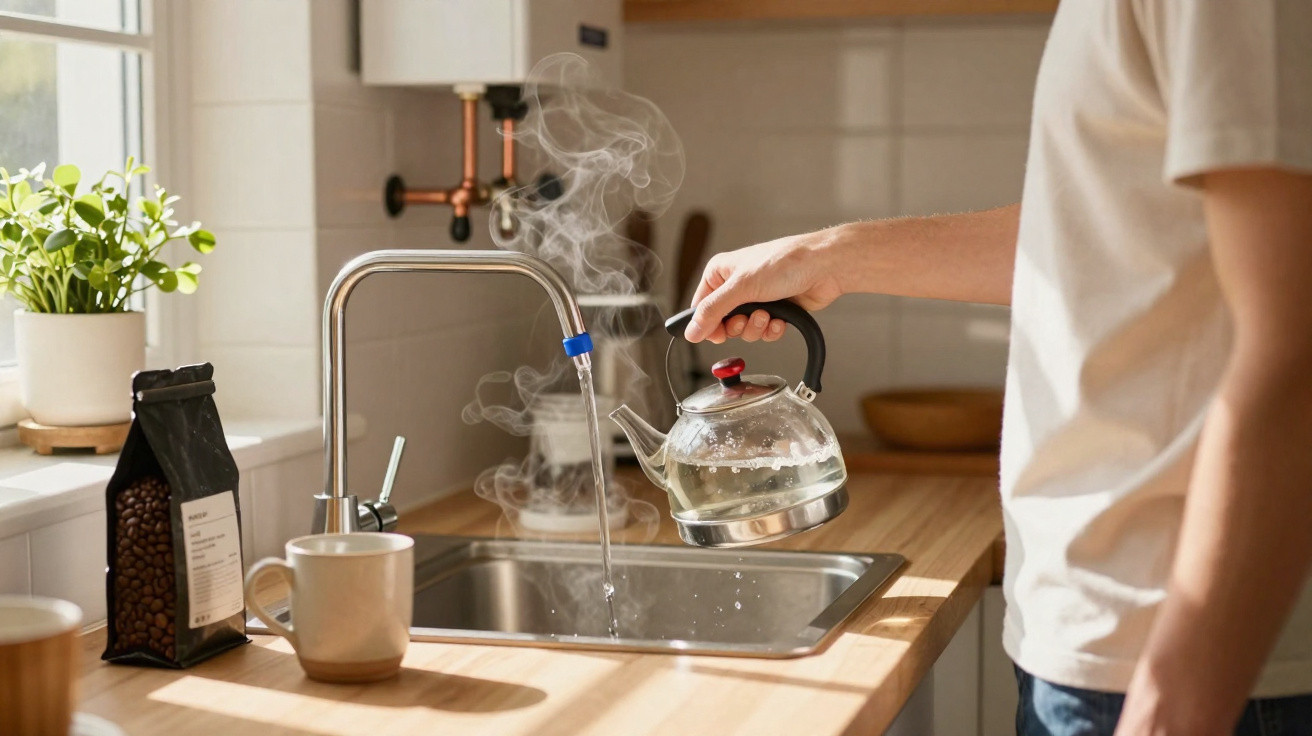 Person füllt dampfenden Wasserkocher am Küchenhahn in moderner Küche mit Holzarbeitsplatte.