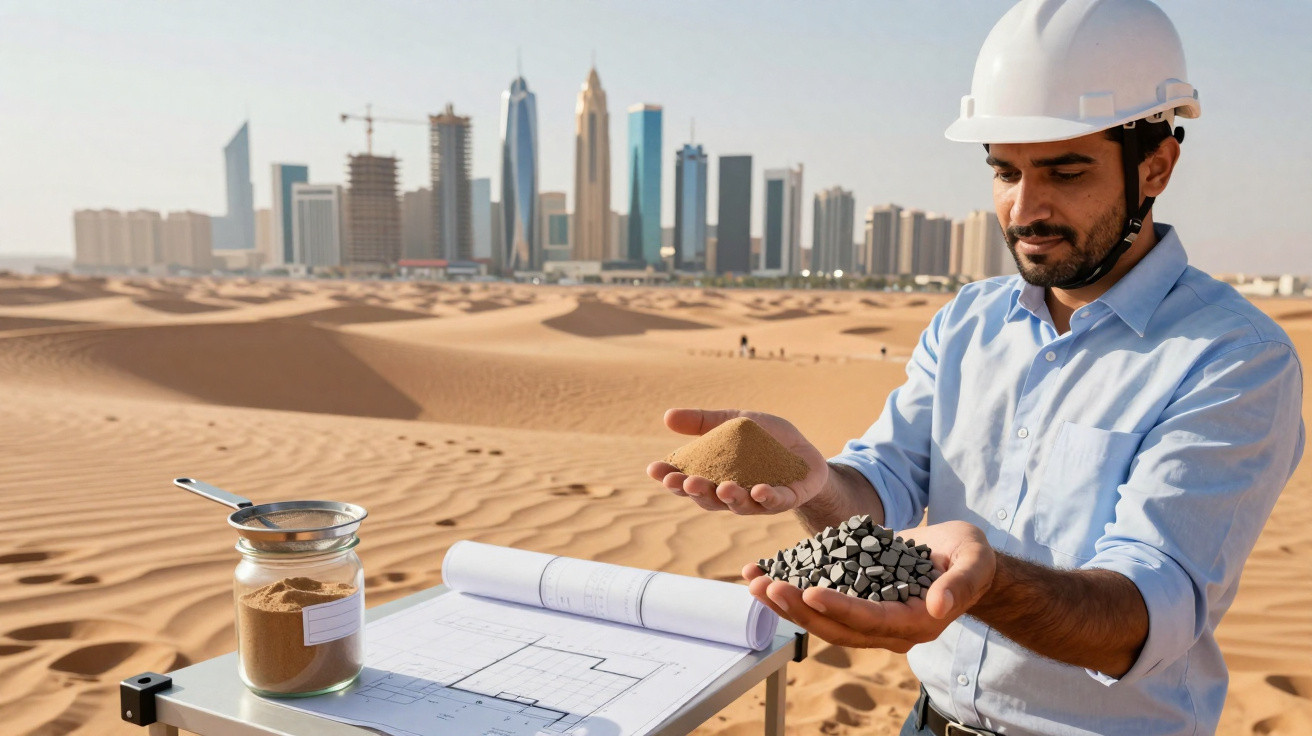 Ingenieur mit Schutzhelm hält Sand und Kies vor Wüstenlandschaft mit Stadtsilhouette im Hintergrund.