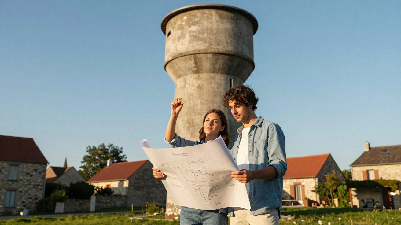 Junges Paar betrachtet Baupläne vor altem Wasserturm und Häusern bei sonnigem Wetter.