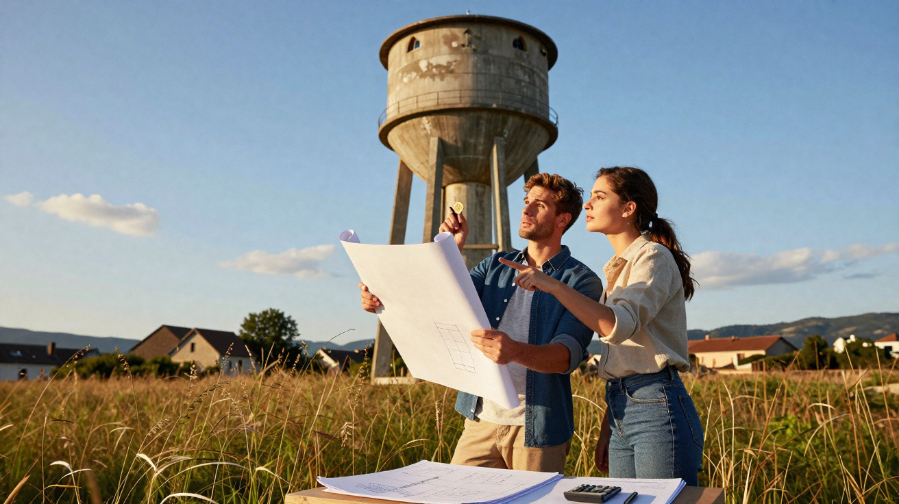 Zwei junge Architekten besprechen Baupläne vor einem alten Wasserturm in einem Feld bei Sonnenuntergang.