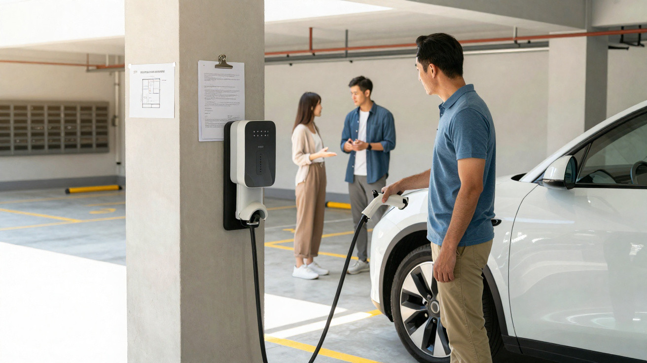 Mann lädt Elektroauto an Ladestation in Tiefgarage, während zwei Personen im Hintergrund sprechen.