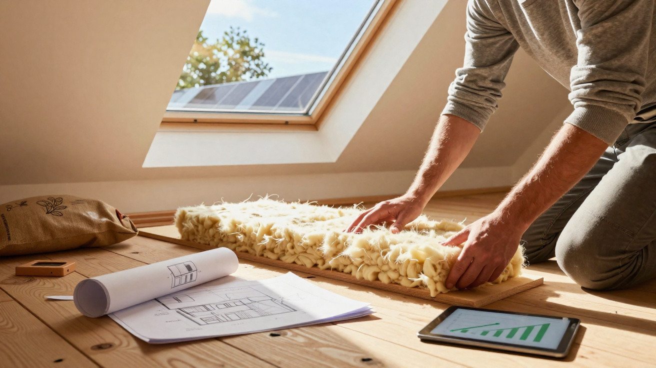 Person prüft Dämmmaterial auf Holzboden unter Dachfenster, umgeben von Bauplänen und Tablet.