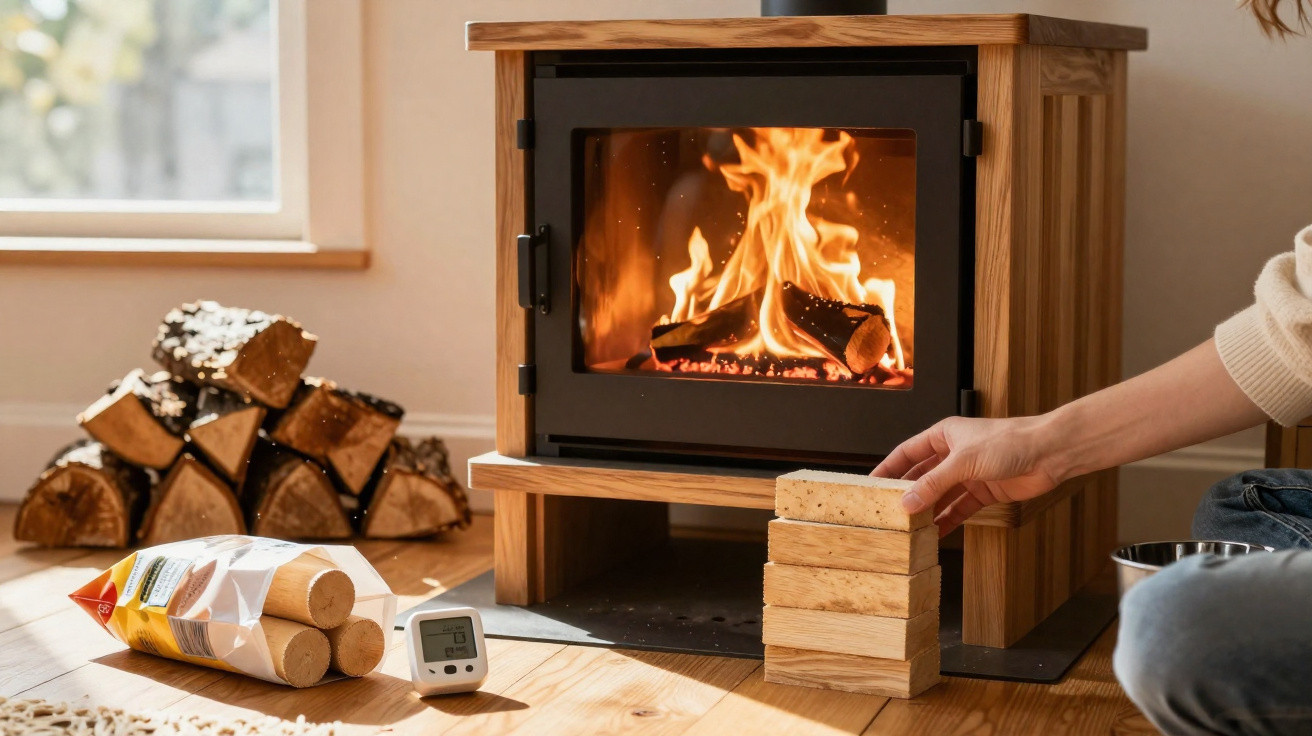 Brennender Kamin mit Holzstämmen, Holzofen und einer Person, die Holzstücke auf Holzfußboden stapelt.