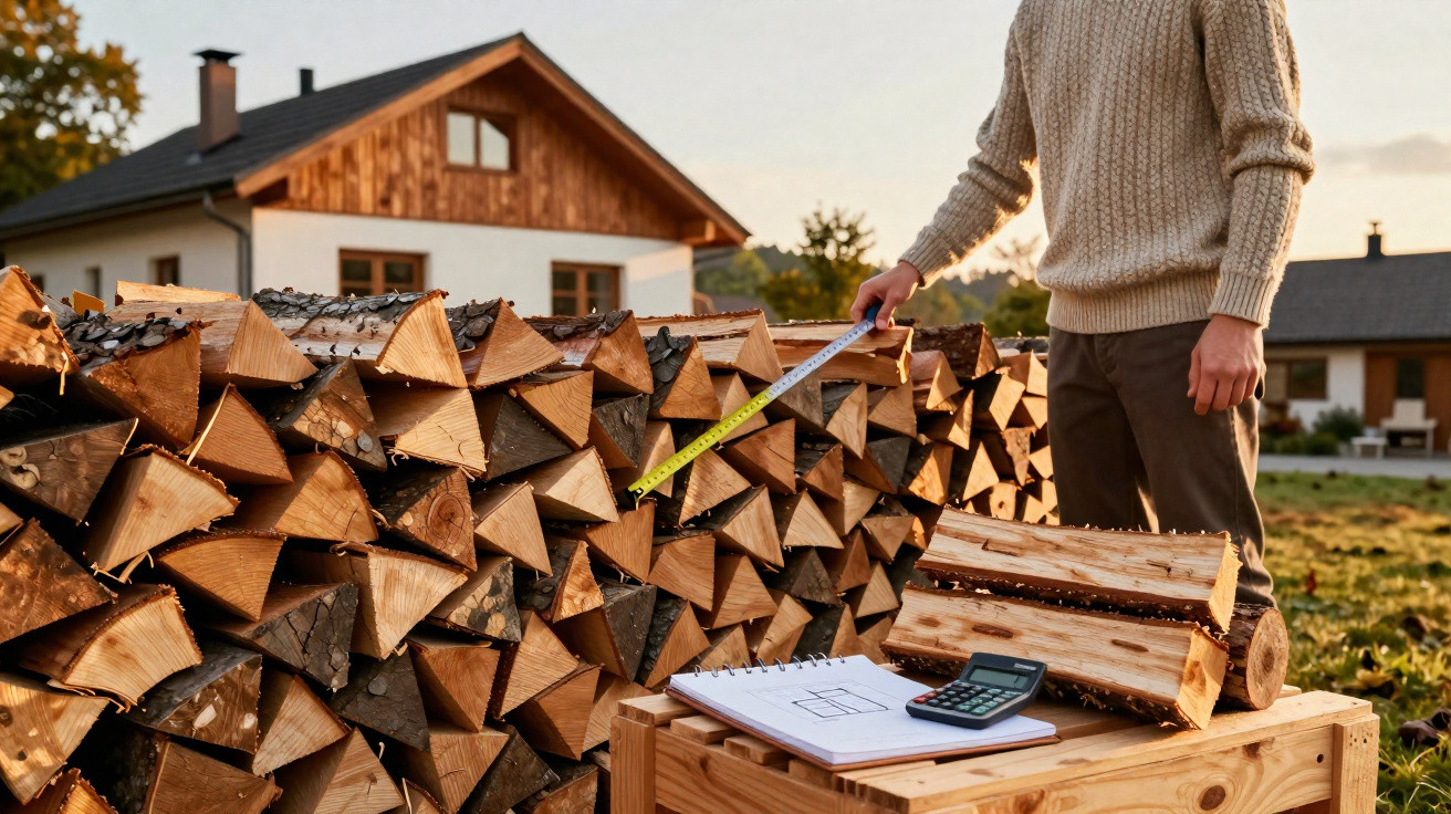 Person misst Holzhaufen mit Maßband vor Haus, Zeichnung und Taschenrechner auf Holzkiste im Vordergrund.