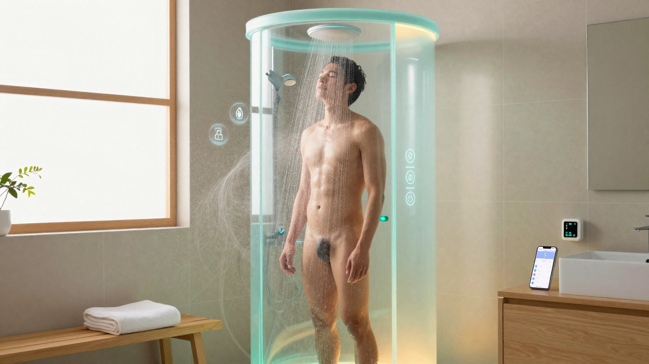 Mann steht in moderner futuristischer Dusche mit digitaler Steuerung in hellem Badezimmer.