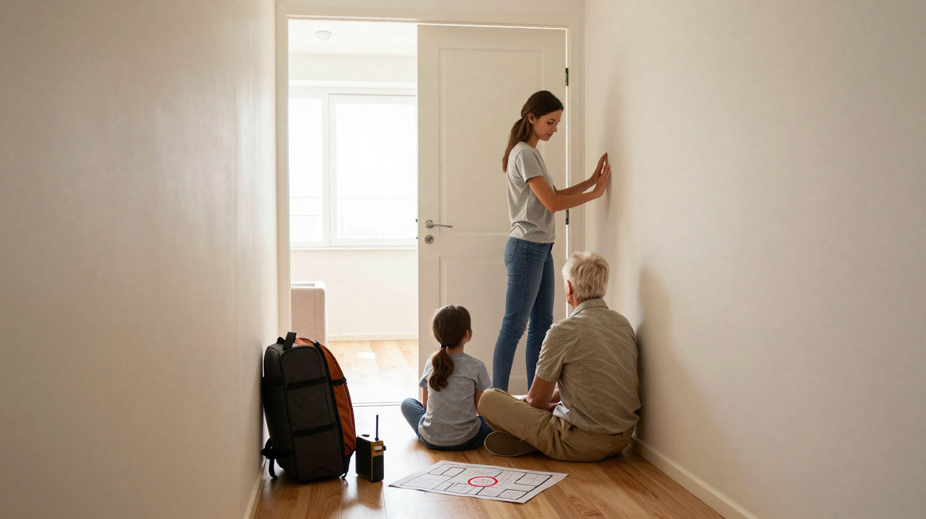 Drei Personen sitzen und stehen im Flur, legen Hand auf die Wand, neben Rucksack und Karte auf dem Boden.