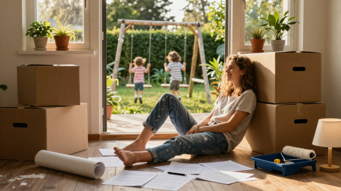 Frau entspannt auf Boden mit Umzugskartons, Kinder spielen draußen auf Schaukel im sonnigen Garten.