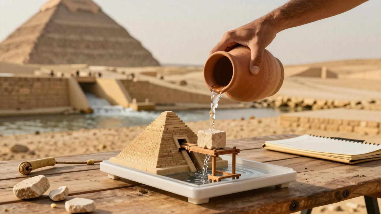Hand gießt Wasser in antikes Wasserrad-Modell vor echter Pyramide in Wüstenlandschaft.