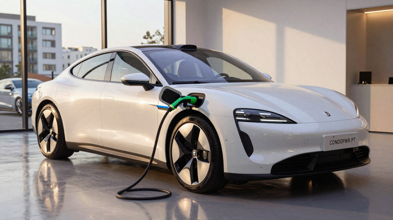 Weißes Elektroauto beim Laden in modernem Gebäude mit großen Fenstern und reflektierendem Boden