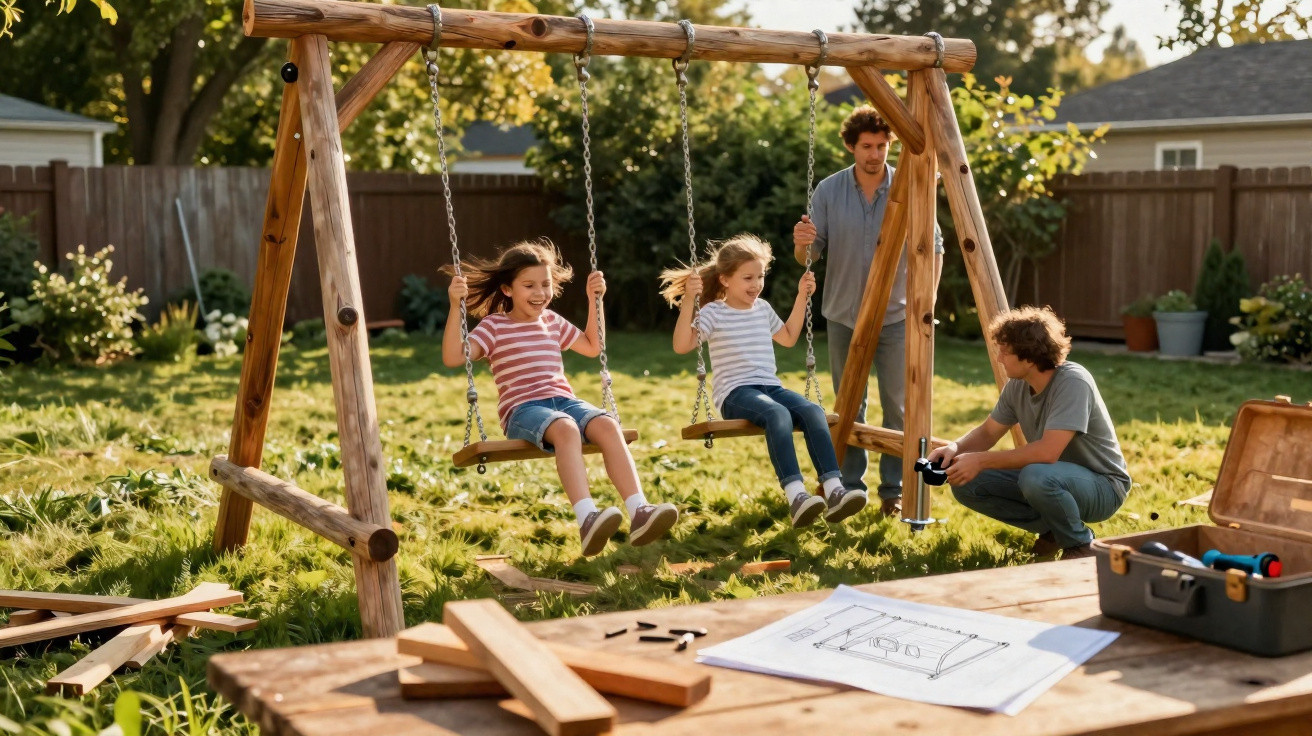 Zwei Mädchen schaukeln auf einer Holzschaukel im Garten, zwei Männer beobachten und bauen die Schaukel.