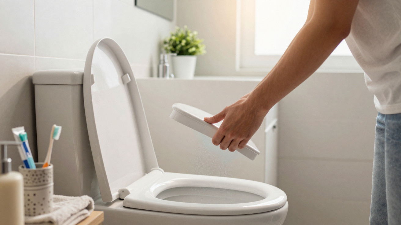 Mann hebt die Toilettenbrille in einem hellen, modernen Badezimmer mit Zahnbürsten und Pflanzen an.