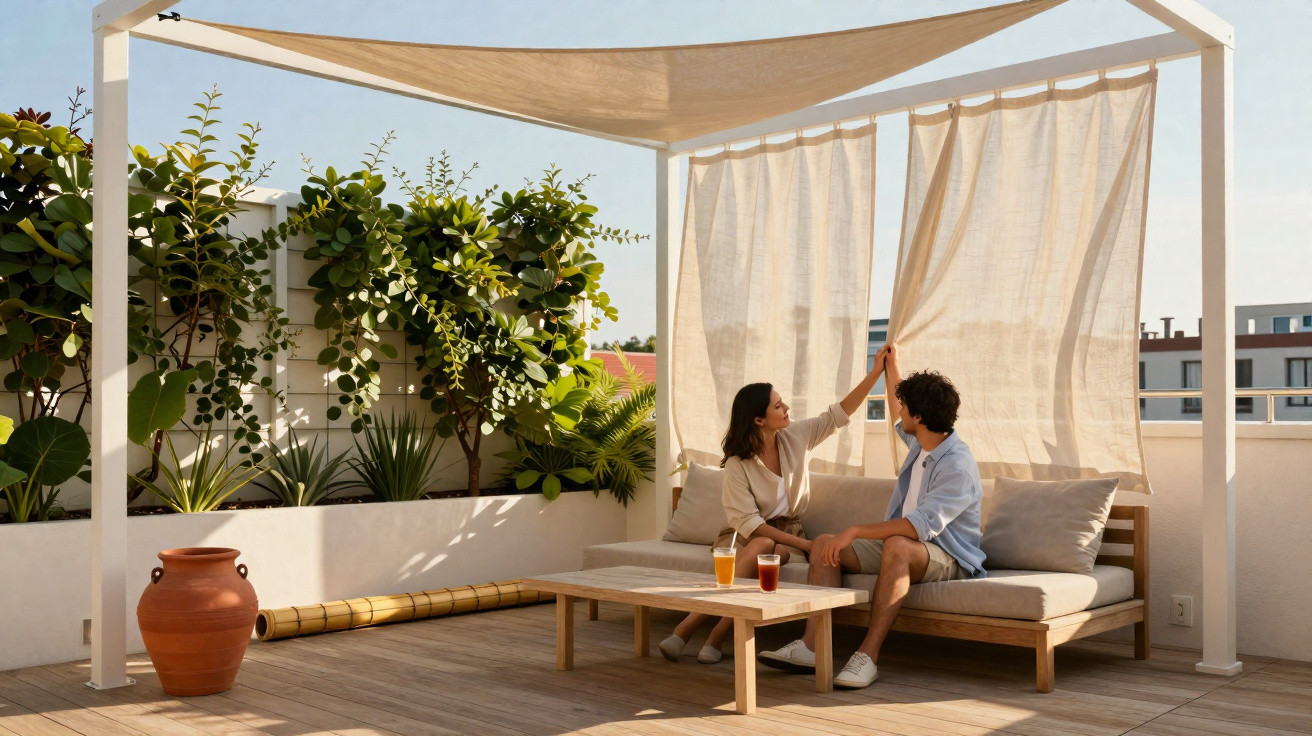 Paar sitzt auf Terrasse unter Pergola mit Vorhängen, umgeben von Pflanzen und Blick auf Häuserdächer.