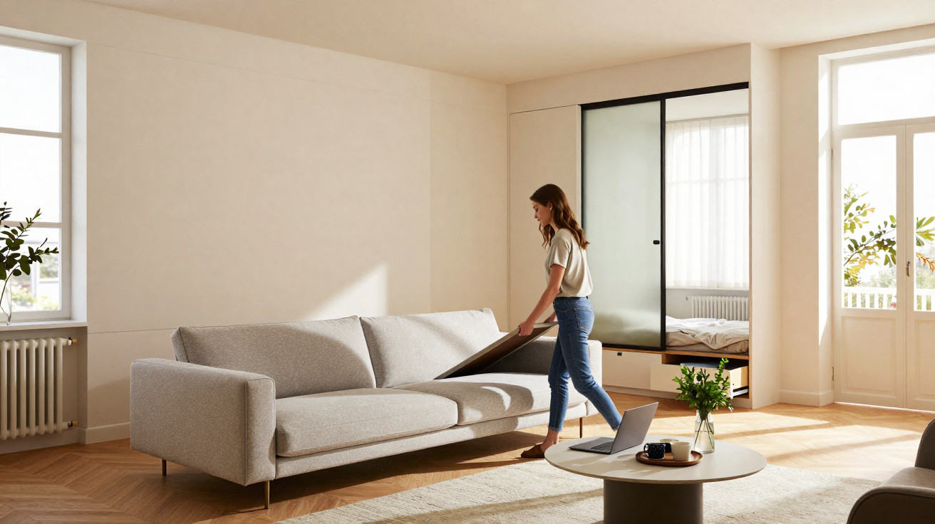 Frau hebt Sitzfläche eines grauen Sofas in hellem, modernem Wohnzimmer mit Holzboden und großem Fenster.