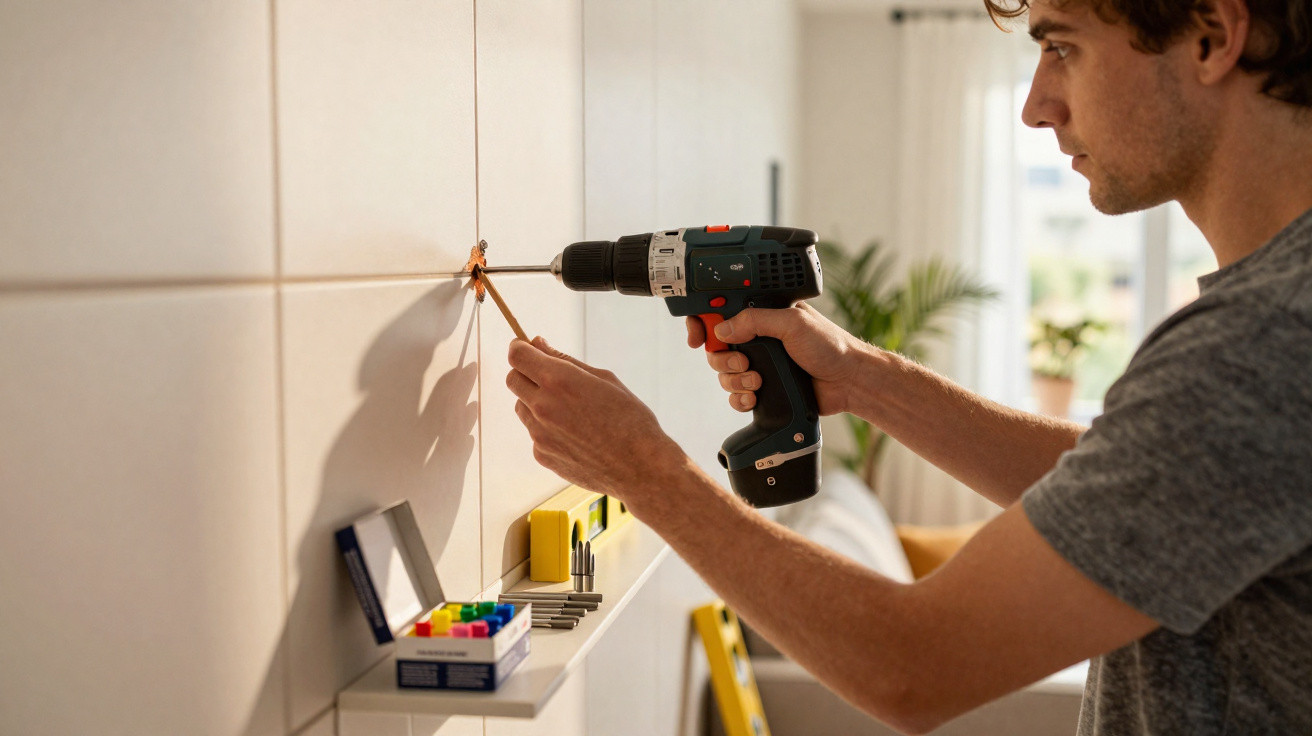 Mann verwendet Akku-Bohrmaschine zum Befestigen eines Hakens an weißen Fliesenwand im Innenraum.