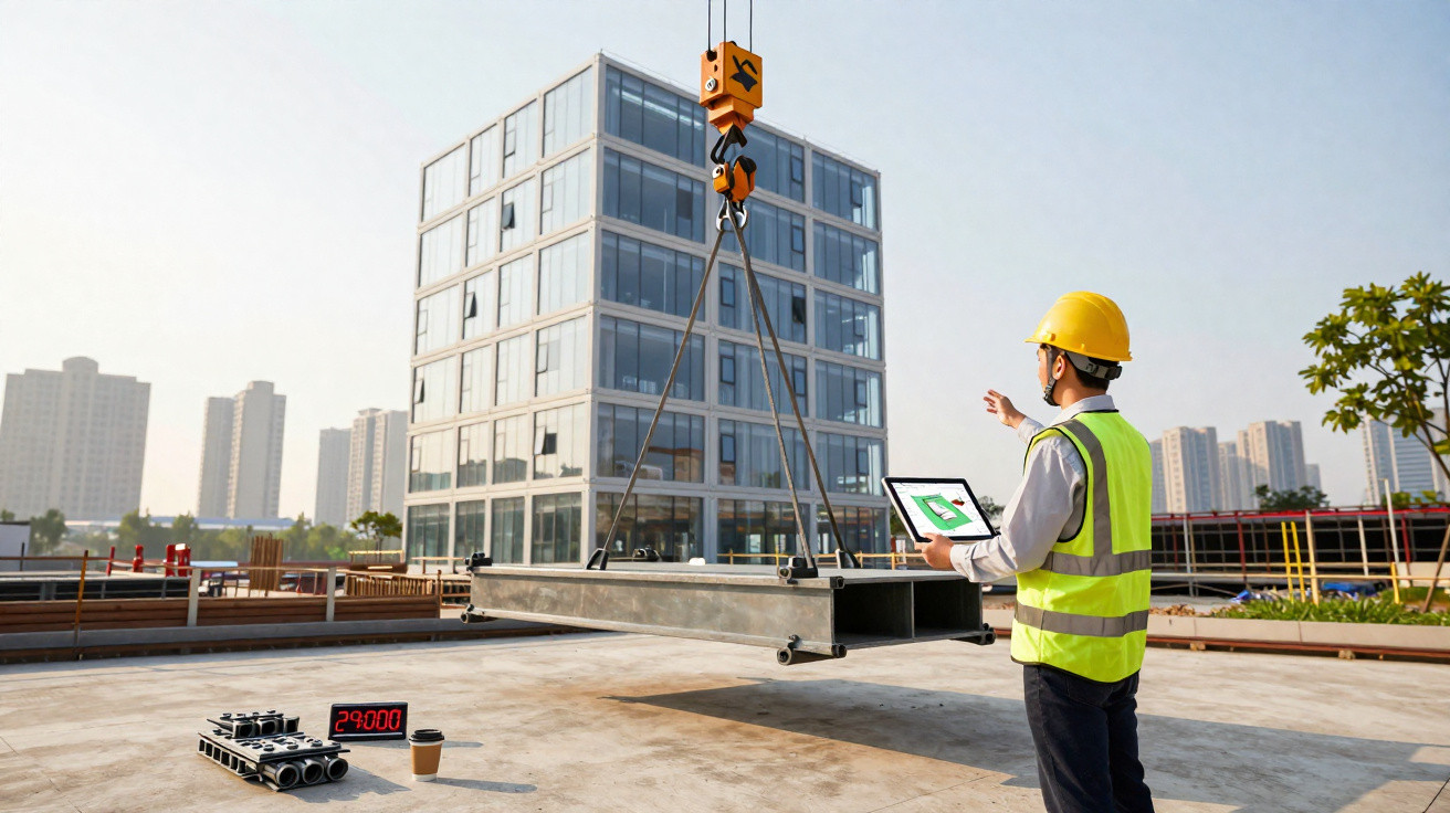 Bauarbeiter mit Schutzhelm und Tablet steuert Kran beim Heben eines Stahlträgers auf Baustelle vor modernem Gebäude.