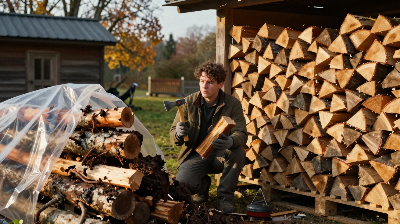 Junger Mann stapelt gespaltenes Holz neben überdachtem Holzlager im herbstlichen Garten.